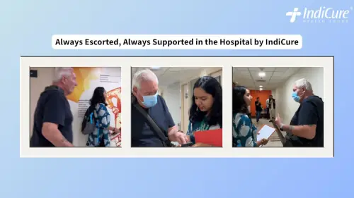 IndiCure team member escorting and supporting Stephen Foster, a Kiwi patient, inside the hospital for his knee replacement surgery in India. IndiCure team member escorting and supporting Stephen Foster, a Kiwi patient, inside the hospital for his knee replacement surgery in India.